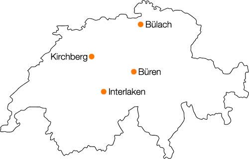 Karte der Schweiz mit den Pianologistik-Standorten Kirchberg BE, Bülach, Büren NW und Interlaken